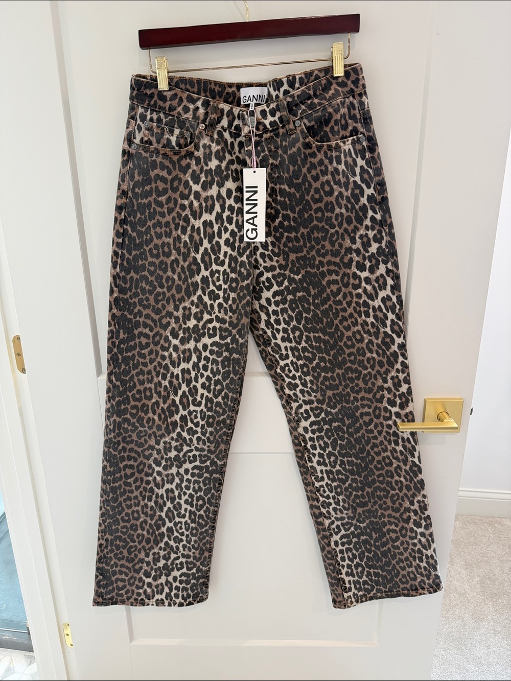 Ganni Brown and Black Leopard Straight Jeans
